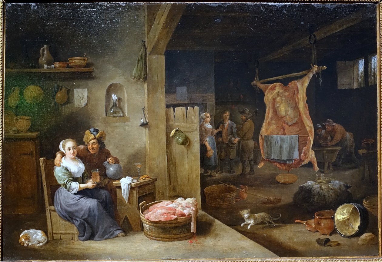 Flamsk interiør med slagtet okse af David Teniers the Younger