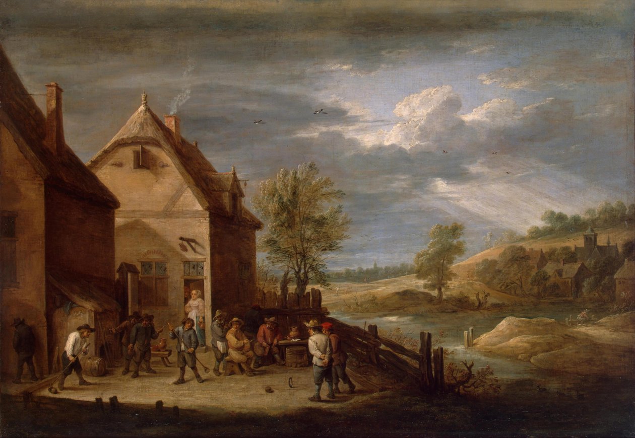 Landskab med bønder Bowling af David Teniers the Younger