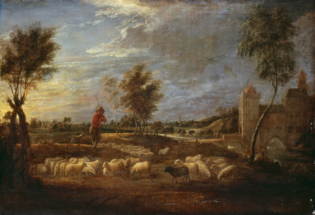 Solnedgangslandskab med en hyrde og hans flok af David Teniers the Younger