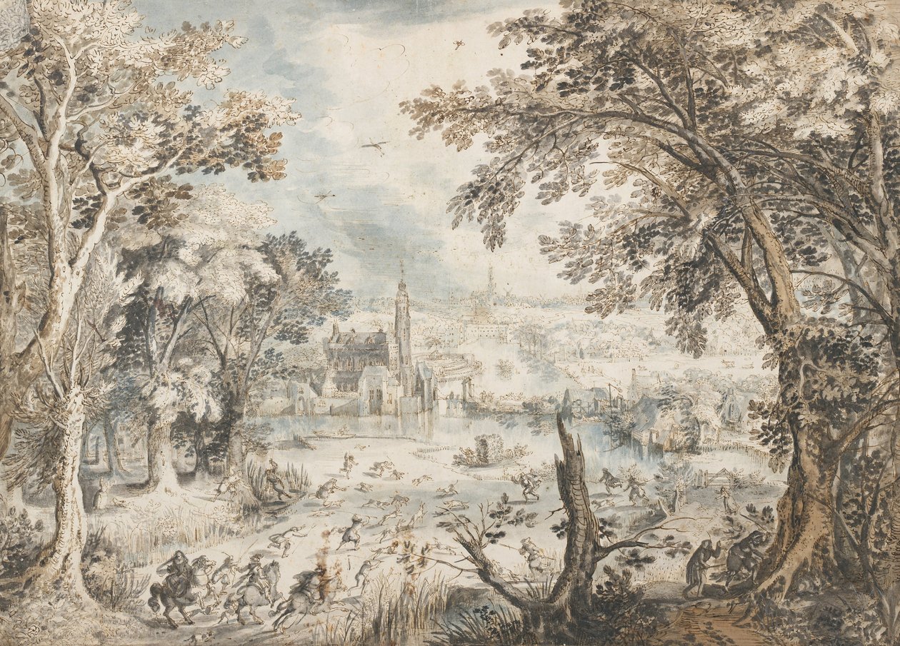 Landskab med en harejagt, 1601-1602 af David Vinckboons