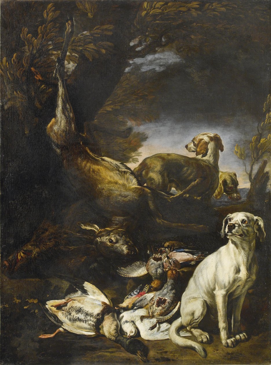 Dræbt vildt bevogtet af hunde i et skovlandskab af David de Coninck