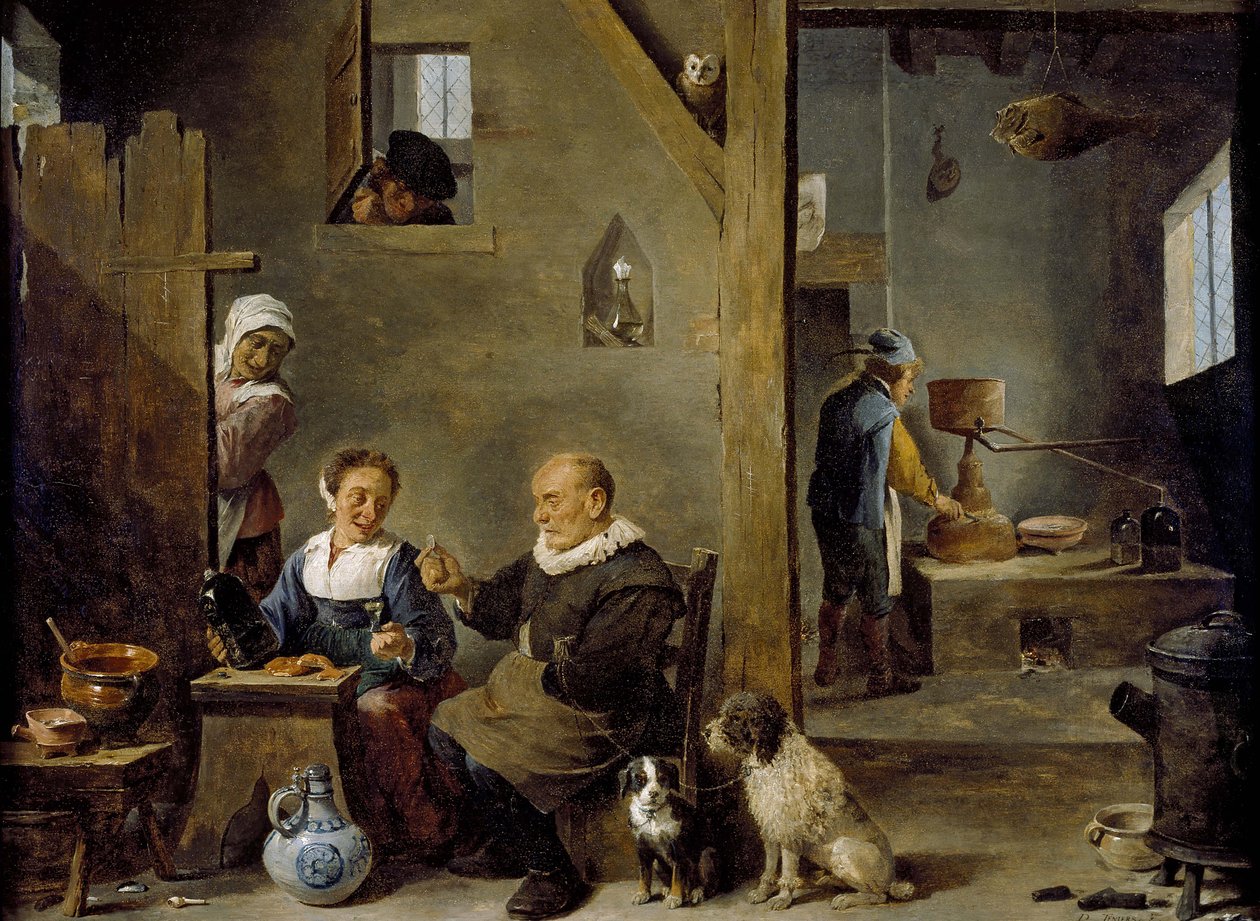 Et destilleri med en ældre mand, der køber gin af en kvinde, ca. 1640-49 af David Teniers the Younger