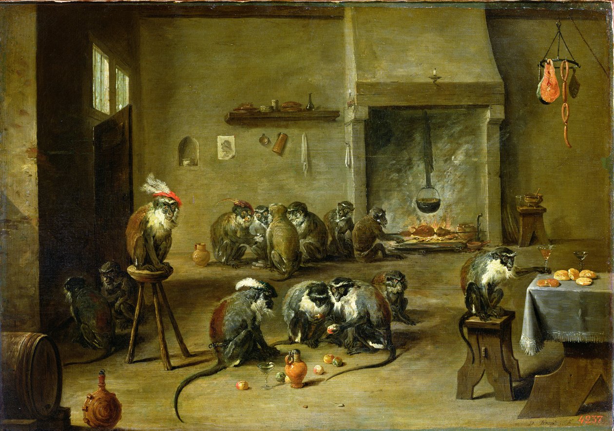 Monkeys in a Kitchen, ca. 1645 (olie på lærred overført fra panel) af David Teniers the Younger