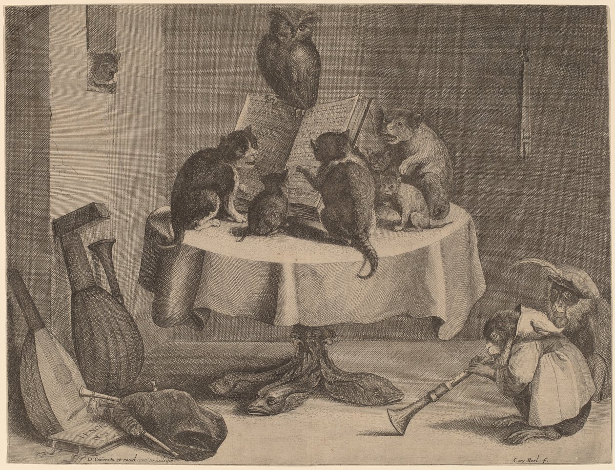 Kattens koncert (gravering og radering på lagt papir) af David Teniers the Younger