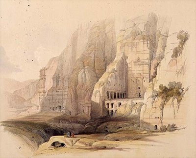 Udgravede palæer i Petra, 7. marts 1839, plade 103 fra bind III af "The Holy Land", graveret af Louis Haghe (1806-85), udg. 1849 (litografi) af David (after) Roberts