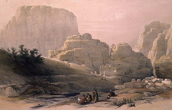 Nedre ende af dalen viser Akropolis, Petra, 9. marts 1839, plade 102 fra bind III af 