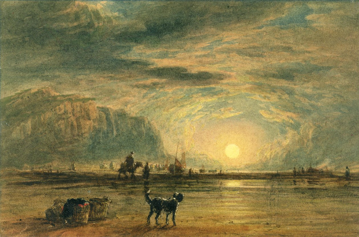 Strandscene - Sunrise, ca. 1820 (akvarel og pen over grafit på papir) af David (attr. to) Cox
