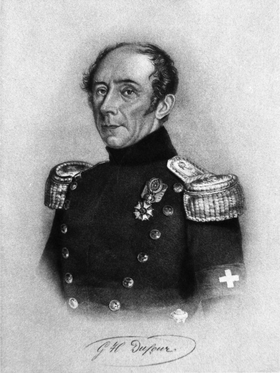 Portræt af Guillaume-Henri Dufour (1787-1875), schweizisk general, ingeniør, topograf og medstifter af International Røde Kors Komité, gravering efter tegning af Karl Friedrich Irminger (1813-1863) af John Ward Dunsmore