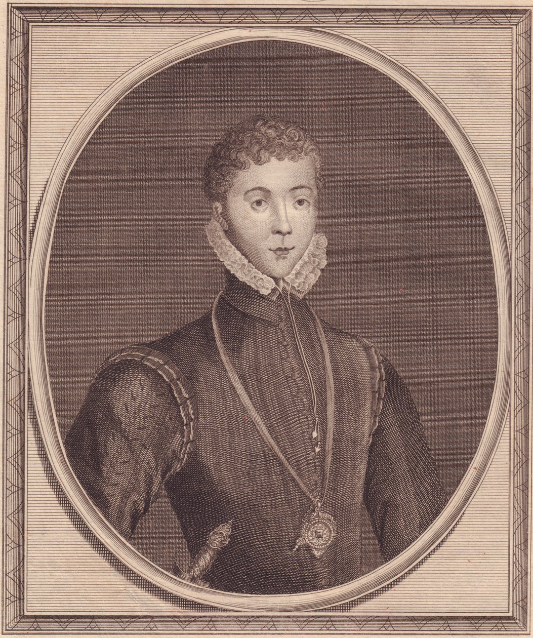 Portræt af Henry Stuart, Lord Darnley (1545-1567), King Consort of Scotland, kobberstik af John Goldar (1729-1795) fra maleri af Lucas de Heere af John Ward Dunsmore