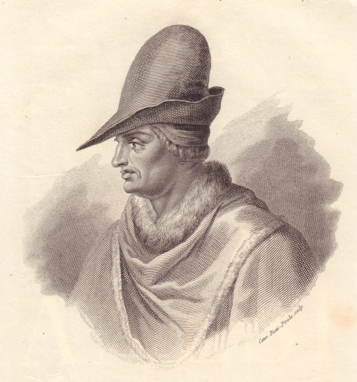 Portræt af den italienske militærleder Uguccione della Faggiola (1250-1319), kobberstik af Caterina Piotti-Pirola af John Ward Dunsmore