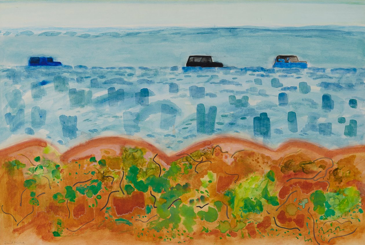 Cars and Saltbush, Australien (akvarel) af David Alan Redpath Michie