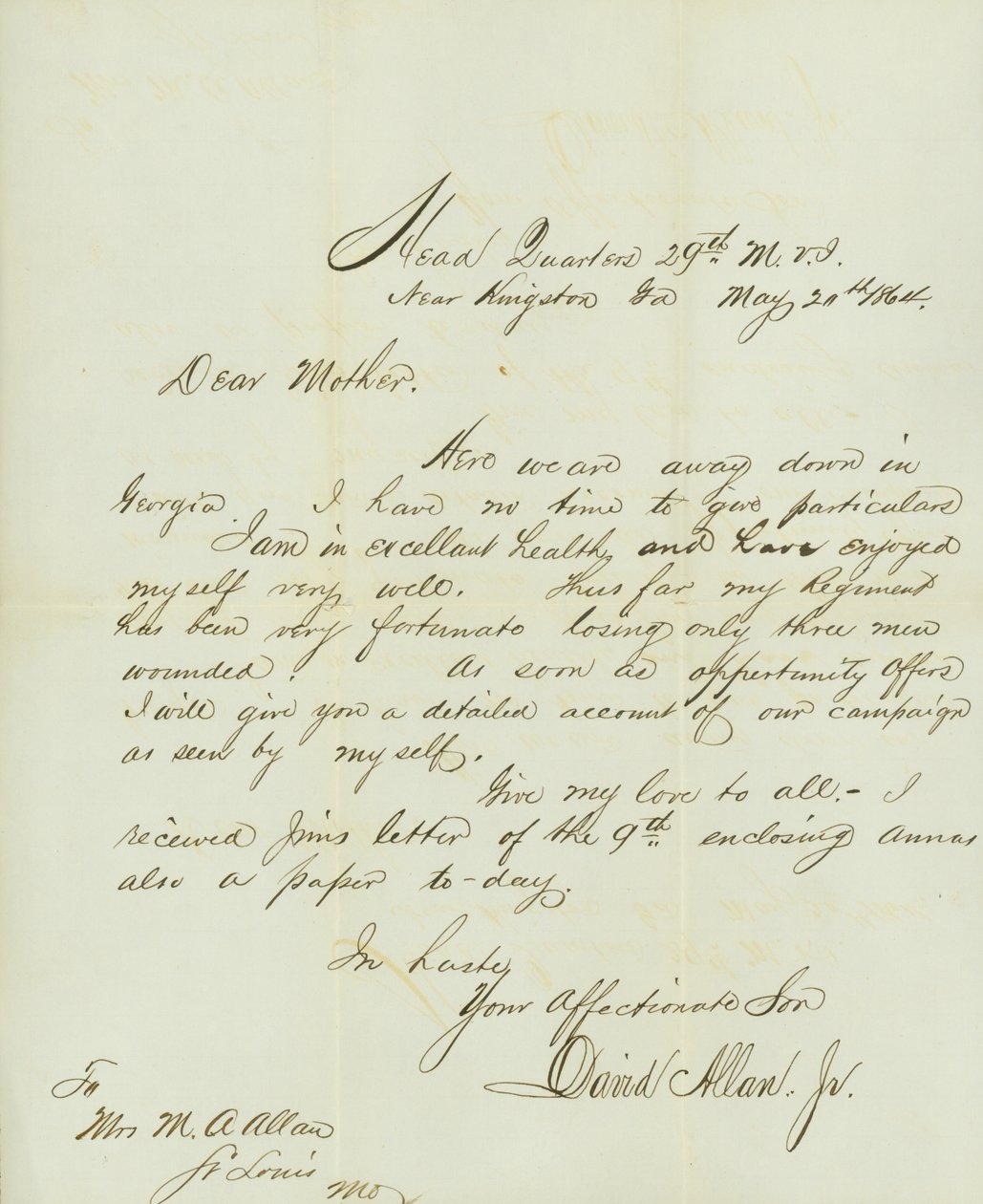 Brev underskrevet David Allan, Jr., Head Quarters 29th M.V.I., nær Kingston, Ga., til hans mor Mrs. M.A. Allan, St. Louis, Mo., 20. maj 1864 af David Allan