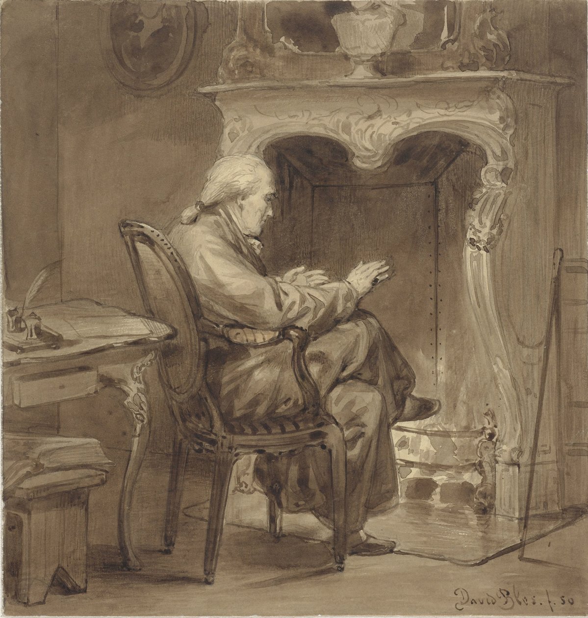 Gammel mand varmer sig ved pejsen af David Bles