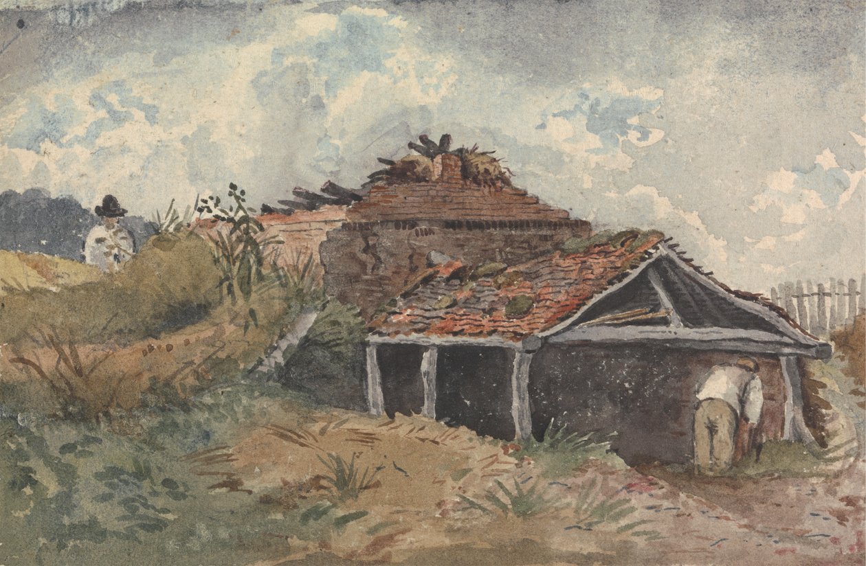 Landskab med to figurer ved siden af en gammel bygning af David Charles Read
