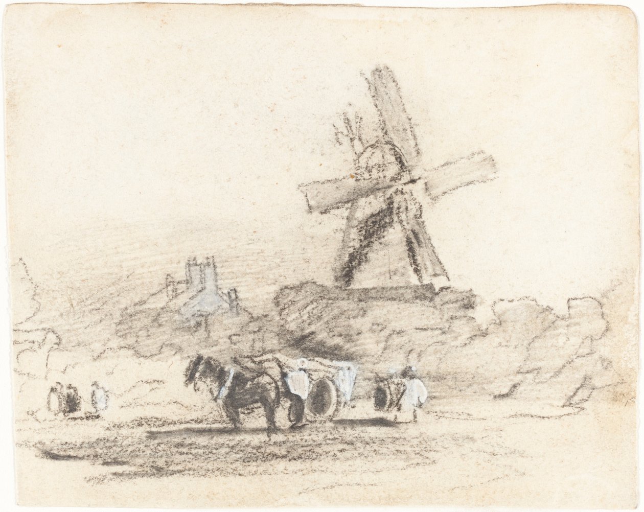 En vogn med to heste nær en vindmølle af David Cox