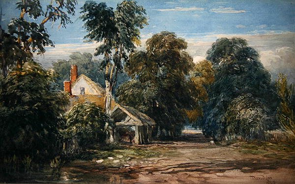 Et sommerhus og byre ved kanten af en skov af David Cox