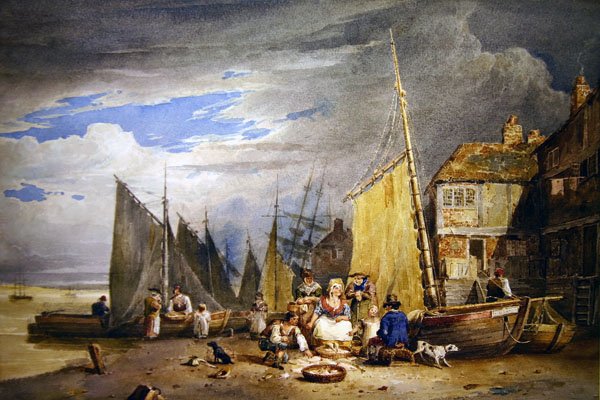 En fiskekone med sine varer ved Themsen (akvarel på papir) af David Cox
