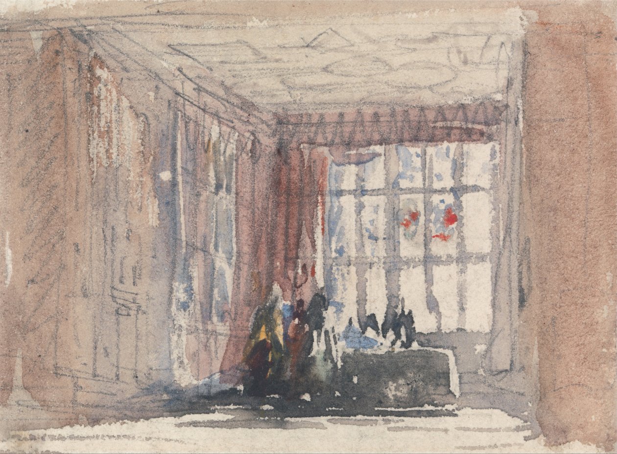 Et Tudor-værelse med figurer, muligvis Hardwick Hall eller Haddon Hall af David Cox