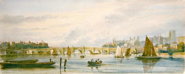 En udsigt over Westminster Bridge mod vest mod Lambeth Palace og Westminster Abbey (blyant og akvarel på papir) af David Cox