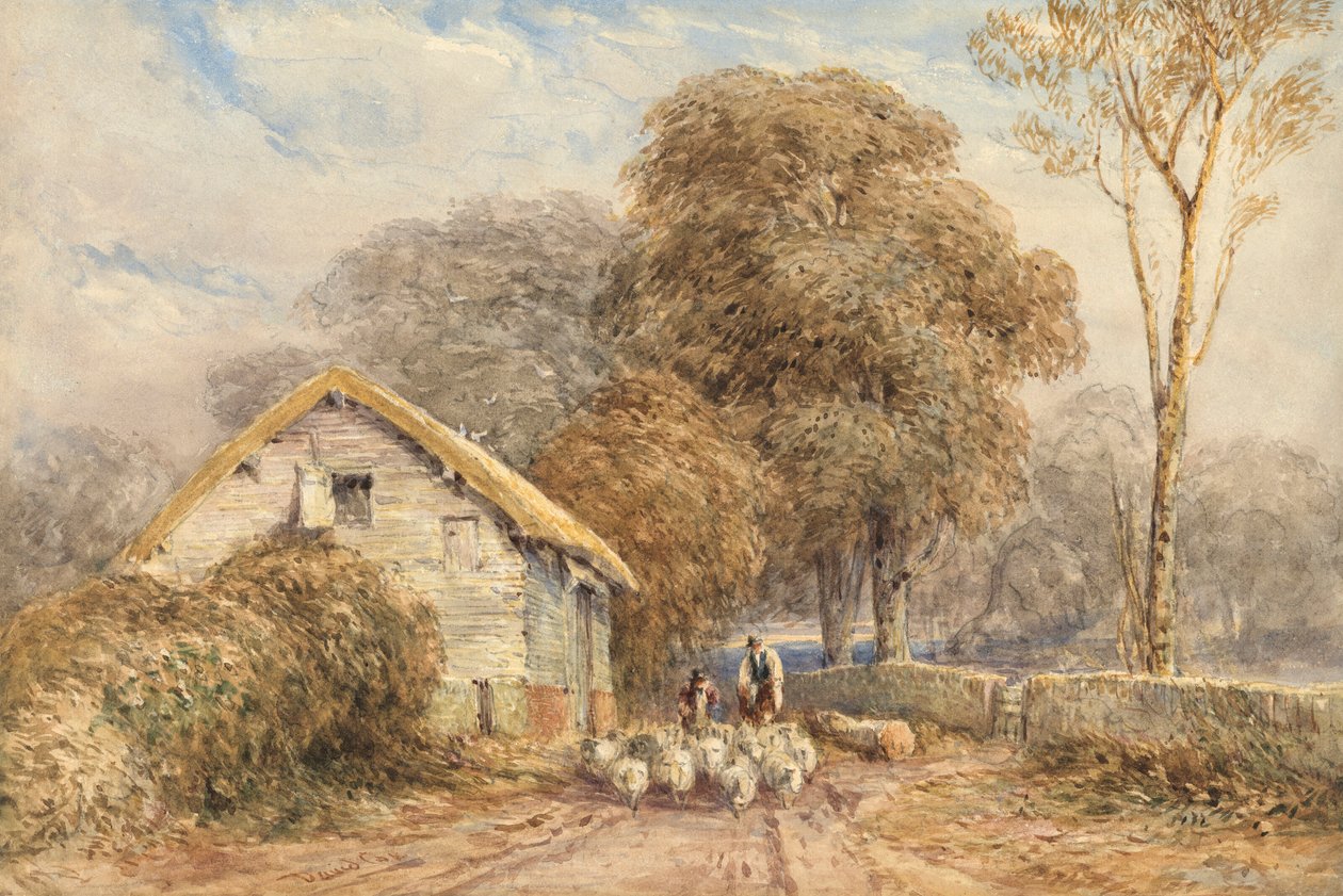 En rejsende til hest med en hyrde og hans får ved en lade på en landevej. af David Cox