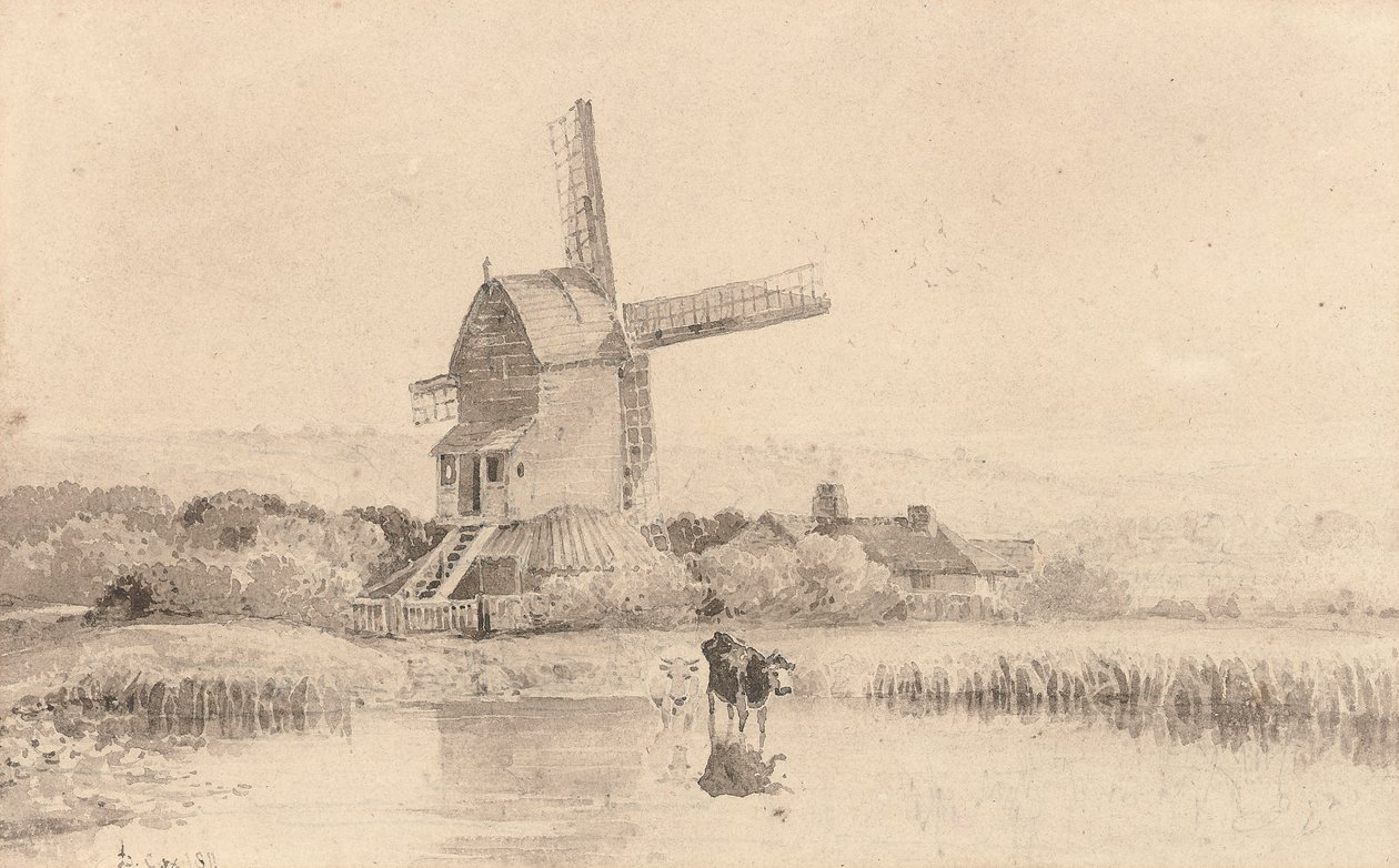 Kvægvanding ved en vindmølle på Dulwich Common, 1811 af David Cox
