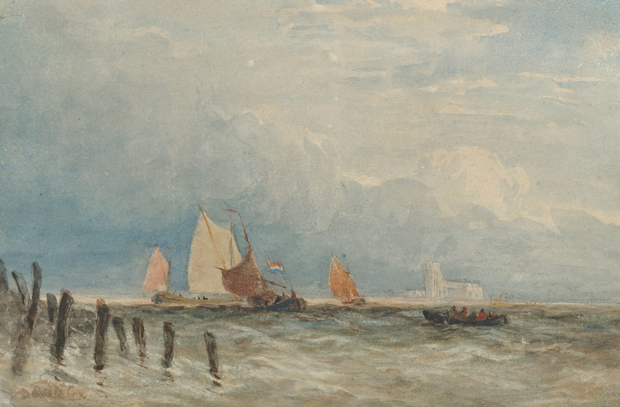 Hollandske fiskekuttere ud for kysten, med Grote Kerk, Dordrecht i det fjerne af David Cox