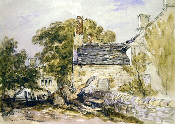 Figurer uden for en gammel stenhytte (sort kridt og akvarel på papir) af David Cox