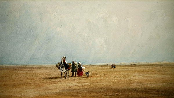Figurer med et æsel på en fransk strand (akvarel på papir) af David Cox
