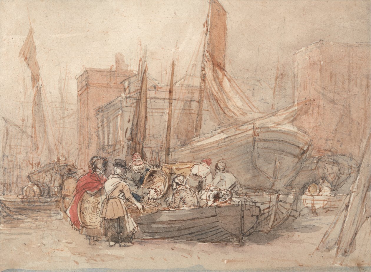 Havnescene med fiskerbåde, der bliver losset af David Cox