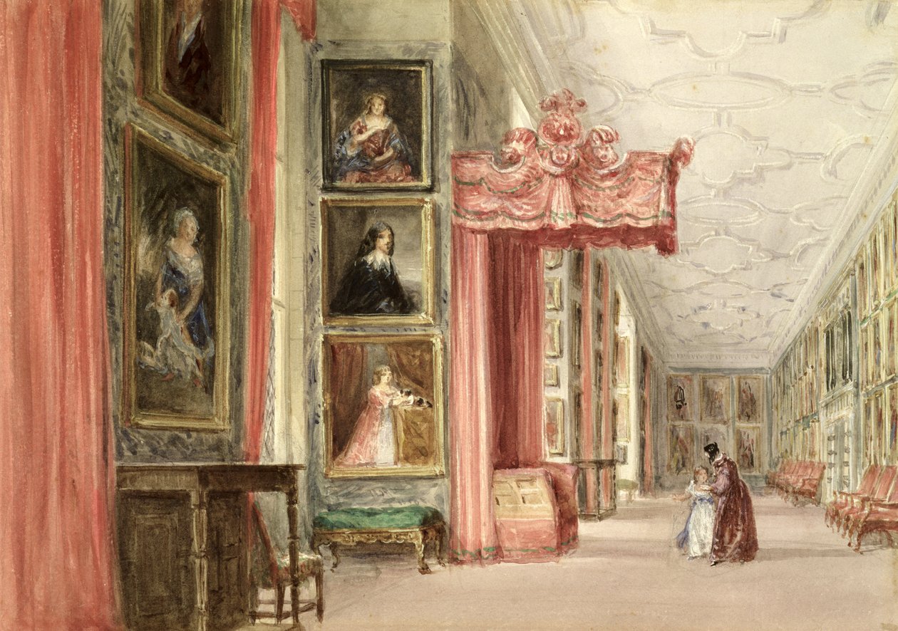 Interiør af Long Gallery, Hardwick Hall, Derbyshire, 1838 af David Cox