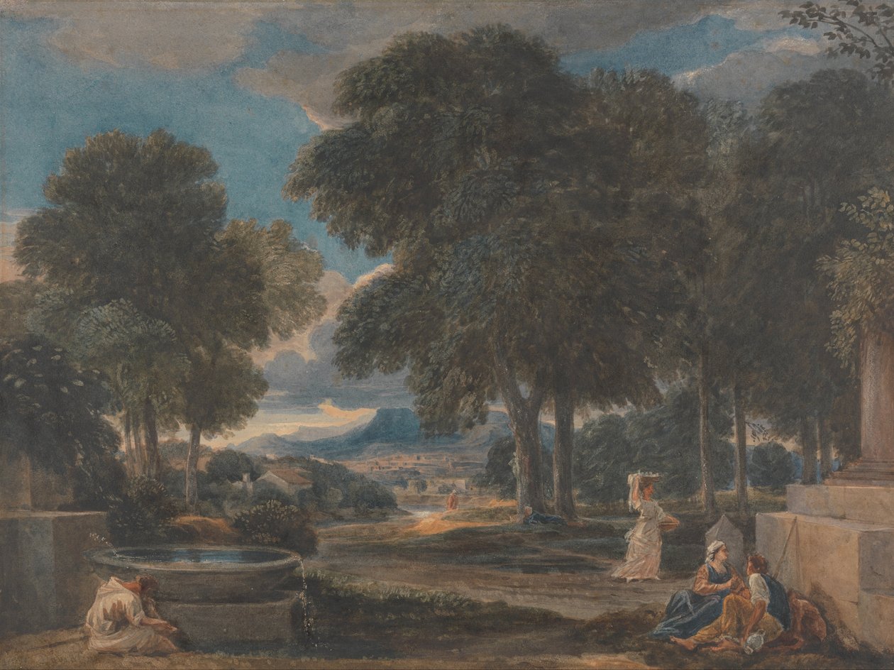 Landskab med en mand, der vasker sine fødder ved en fontæne, efter Poussin af David Cox
