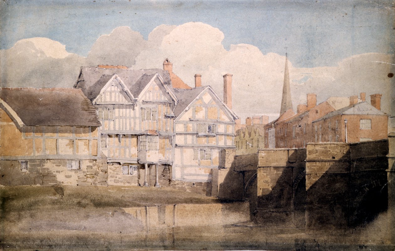 Gamle huse og Wye Bridge, Hereford, 1820 af David Cox