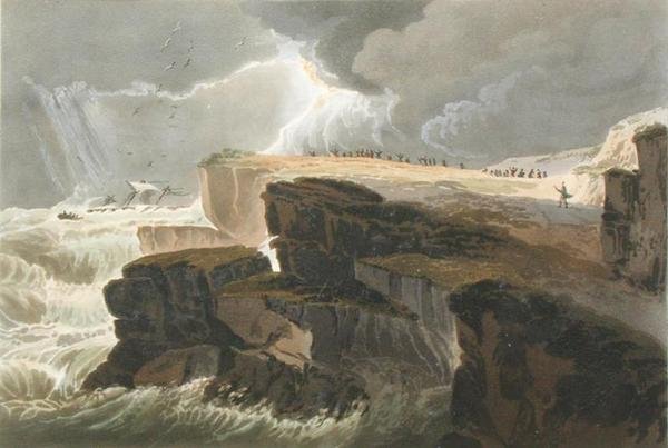 Plade fra Bog 10 Storm, Udsigt over Hastings kyst fra A Treatise on Landscape Painting indgraveret af Richard Reeve (f.1780), 1813-14 (håndfarvet akvatint) af David Cox
