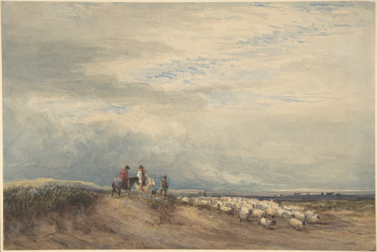 Ryttere med får nær en flodmunding af David Cox