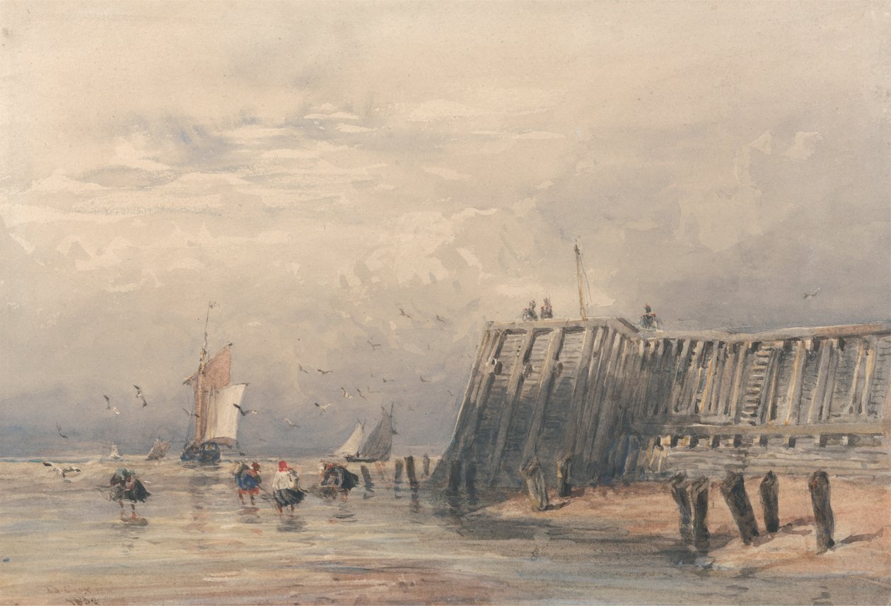 Sejlpramme og rejefartøjer fra en mole af David Cox