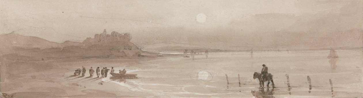 Havkyst, solnedgang med Harlech Castle af David Cox