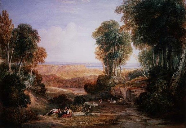Krydset mellem floden Severn og floden Wye med Chepstow Castle i det fjerne (akvarel på papir) af David Cox