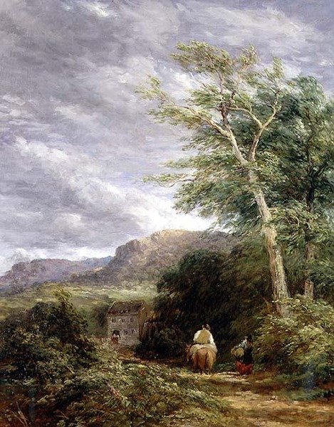 Walisisk landskab med en vandmølle (olie på lærred) af David Cox