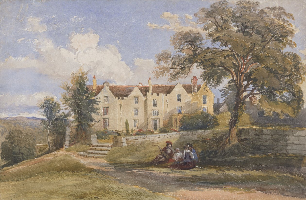 Gruppen sidder på grunden til et stort hus af David Cox Jr.