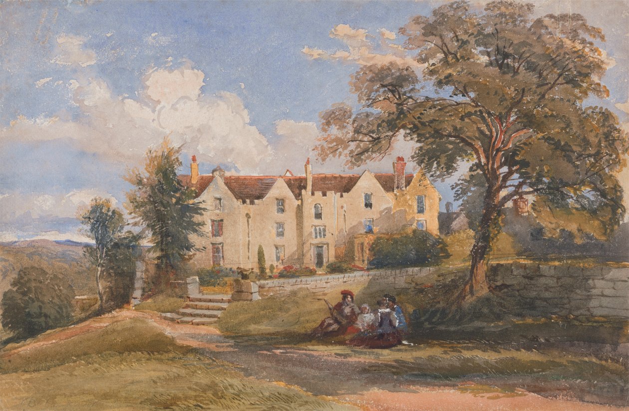 Gruppen sidder på grunden til et stort hus af David Cox Jr.