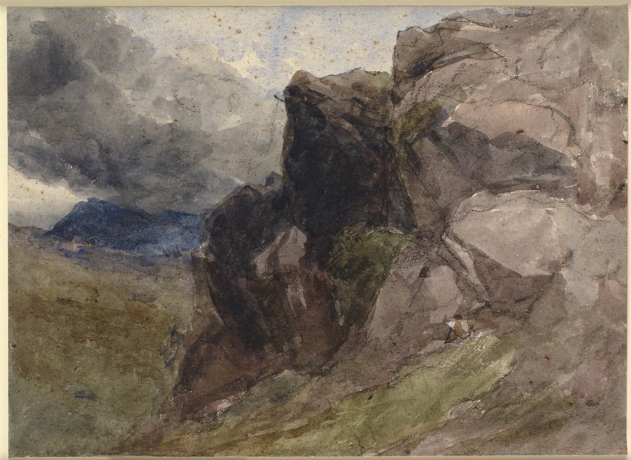 Klippelandskab i Wales med figurtegning i forgrunden til højre af David Cox d.Æ.