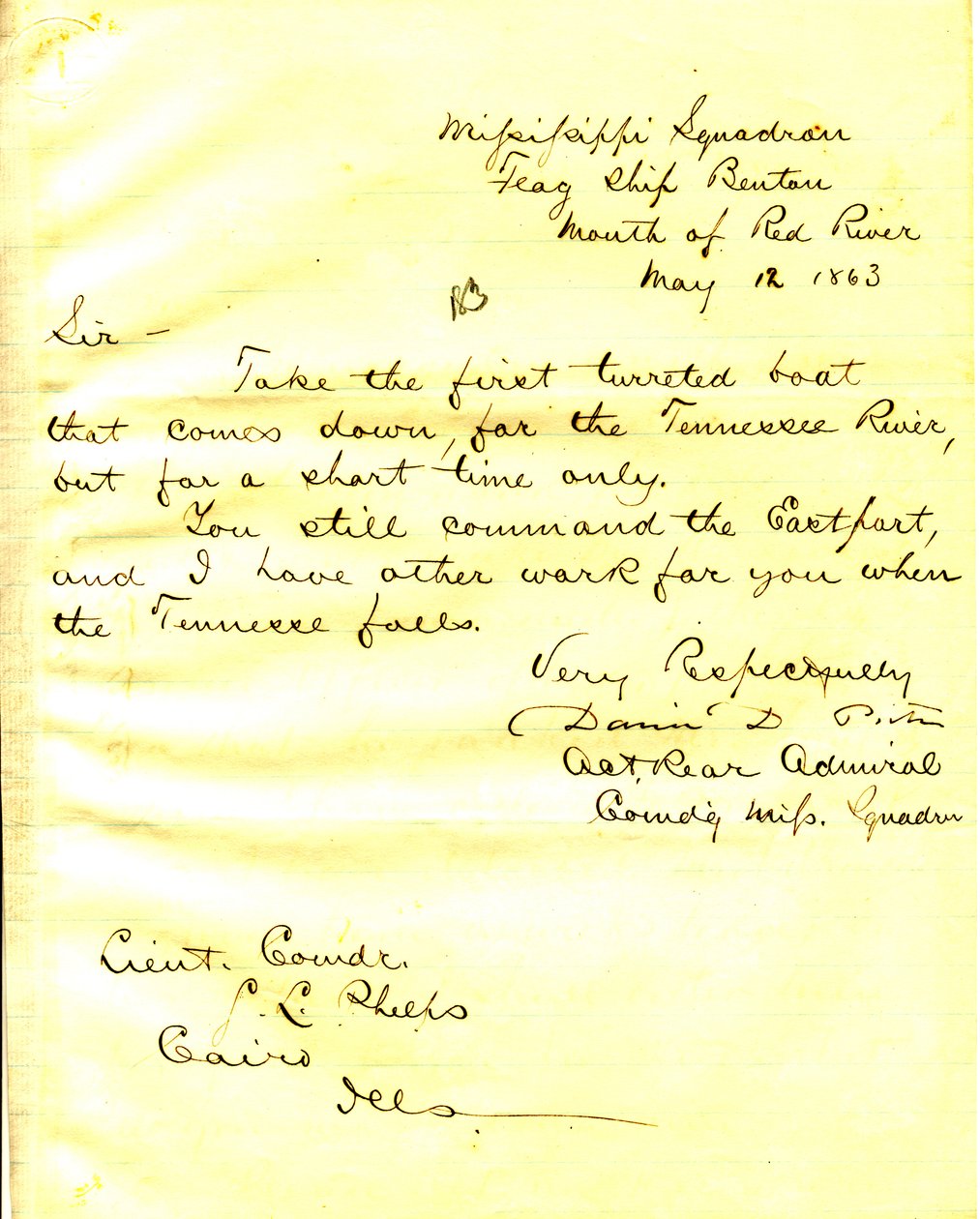 Brev fra David D. Porter, U.S. Benton, mundingen af Red River, til Seth Ledyard Phelps, Cairo, Illinois, 12. maj 1863 af David D. Porter