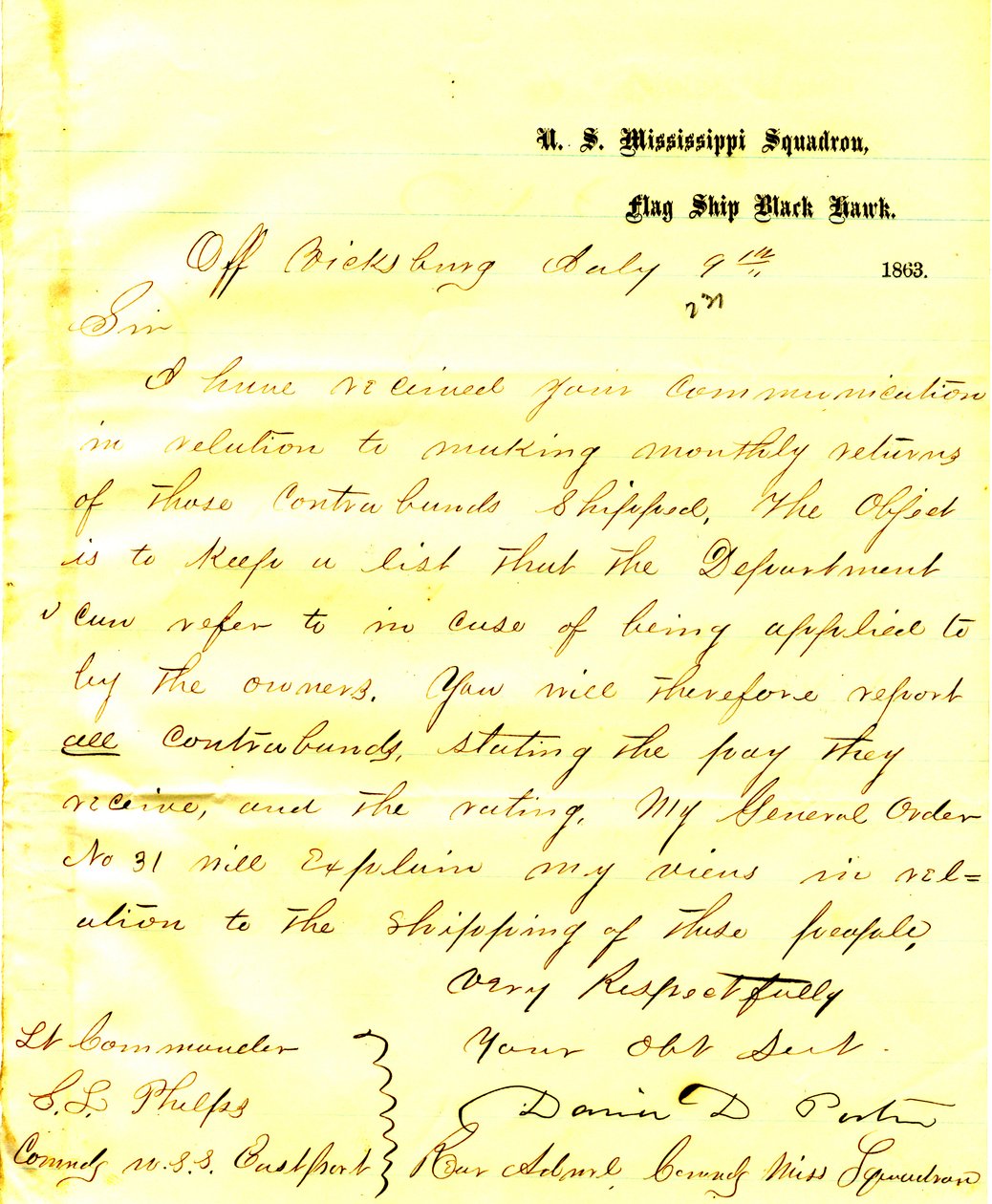 Brev fra David D. Porter, U.S.S. Black Hawk, ud for Vicksburg, til Seth Ledyard Phelps, der befalede USA Eastport, 9. juli 1863 af David D. Porter