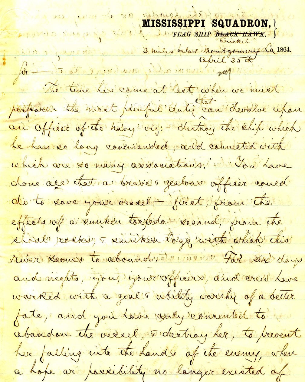 Brev fra David D. Porter, U. S. S. Cricket, 2 miles under Montgomery, Louisiana, til [Seth Ledyard] Phelps, der befalede USA Eastport, 3 miles under Montgomery, Louisiana, 25. april 1864 af David D. Porter