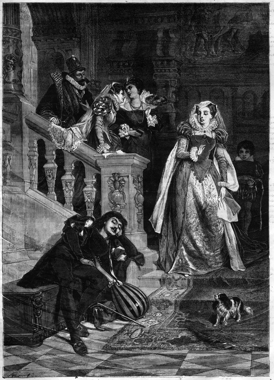 Første møde mellem dronningen af Skotland Marie (Mary) Iere Stuart (1542-1587) med David (Davide) Rizzio - gravering efter maleriet af David Dalhoff Neal af David Dalhoff (after) Neal