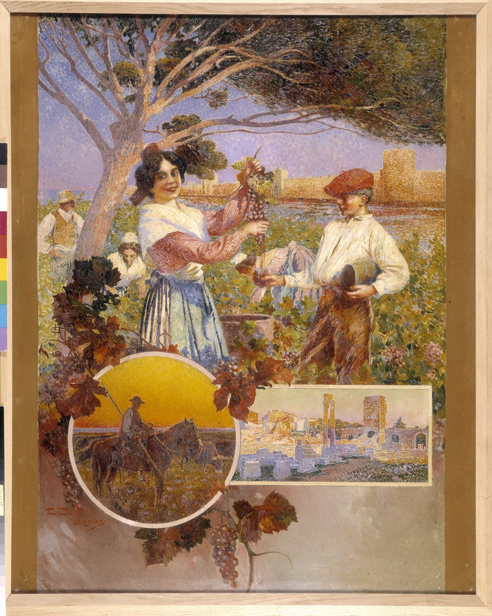 Aigues Mortes (Aigues-Mortes), Arles, Camargue: en ung kvinde viser en smuk klase druer, hun lige har plukket fra en vingård. David Dellepiane (1866-1932), pointillisme. Obligatorisk omtale: Collection fondation regards de Provence, Marseille (cm 1 af David Dellepiane