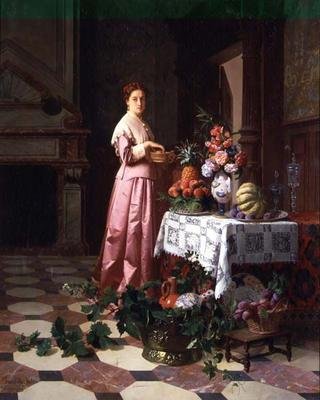 Dame med frugt og blomster på et bord af David Emil Joseph de and Knarren P. Noter
