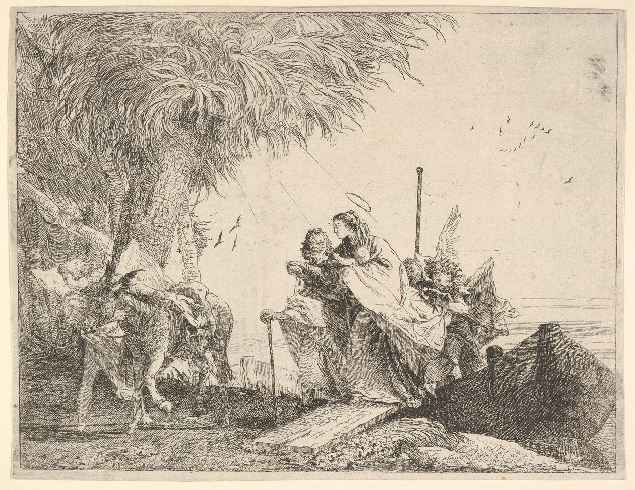 Maria, hjulpet af Josef og en engel, træder fra en båd til kysten, en engel holder fast ..., 1753. af David Giovanni