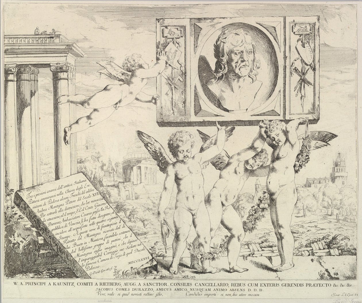 Titelside: Hyldest til Mantegna, fra The Story of Saints James and Christopher in the Ere..., 1776. af David Giovanni