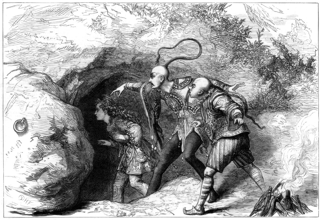 En scene fra Aladdin og hans vidunderlige lampe, på Drury Lane Theatre, London, 1875. af David Henry Friston